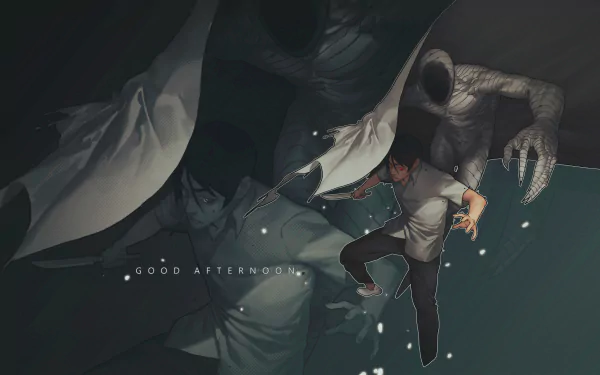 Anime-themed HD wallpaper featuring a ghostly figure and a person wielding a knife, inspired by *Ajin: Demi-Human*, with a dramatic Good Afternoon text overlay.
