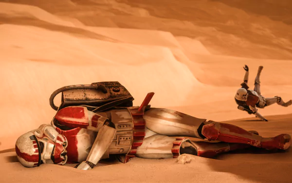 HD PC desktop wallpaper featuring a fallen shock trooper from Star Wars Battlefront (2015), set in a desert environment with detailed stormtrooper armor.