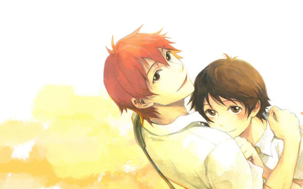 HD PC desktop wallpaper of Chiaki Mamiya embracing Makoto Konno against a warm watercolor sky — anime scene from The Girl Who Leapt Through Time.