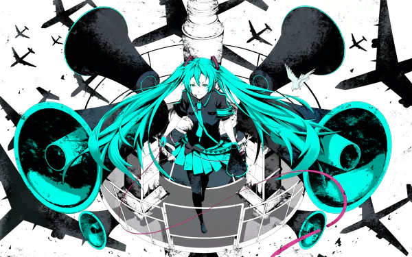 HD PC desktop wallpaper: anime Vocaloid Hatsune Miku (Love is War) — teal twin‑tails on a platform amid oversized megaphones and stark black-and-white graphics.