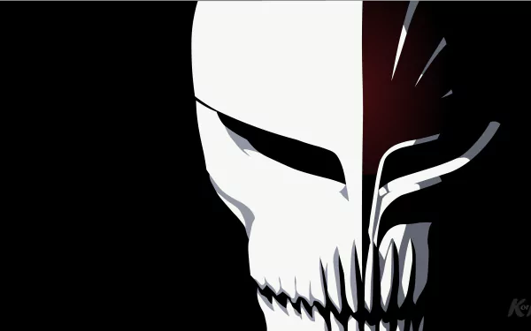 4K Ultra HD anime wallpaper featuring a striking close-up of Ichigo Kurosaki's Hollow mask from Bleach, showcasing sharp black and white contrasts.