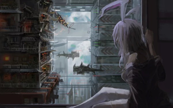 A character with animal ears gazes out a window at a futuristic cityscape filled with vehicles and buildings, inspired by Reisen Udongein Inaba from the anime Touhou.