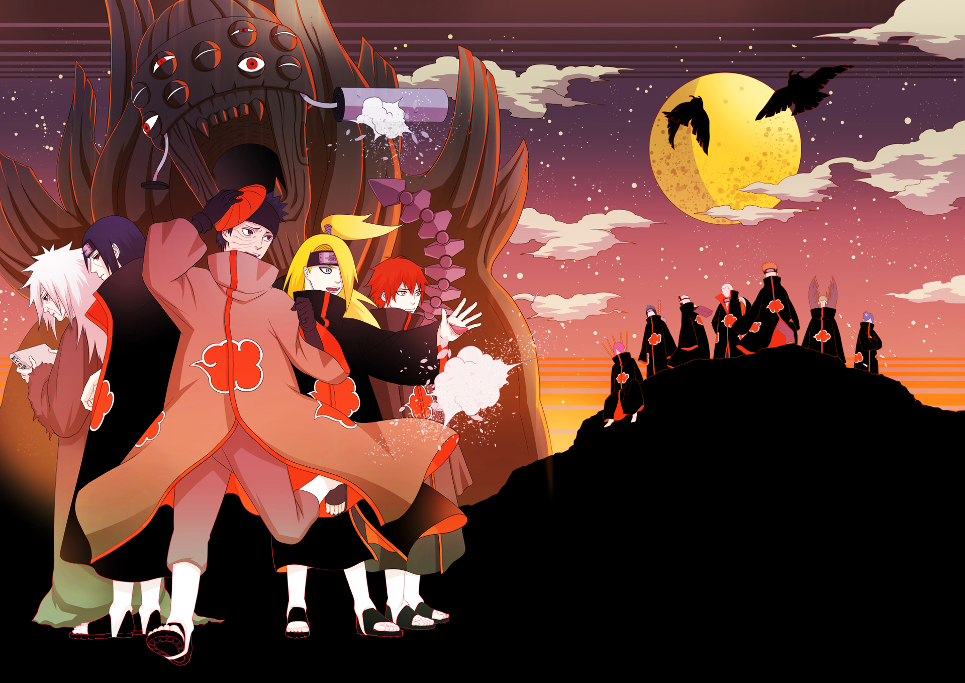 HD desktop wallpaper featuring the Akatsuki members from the anime Naruto, including Zetsu, Obito Uchiha, Madara Uchiha, Itachi Uchiha, Sasori, Pain, Konan, Kakuzu, Kisame Hoshigaki, and Deidara.