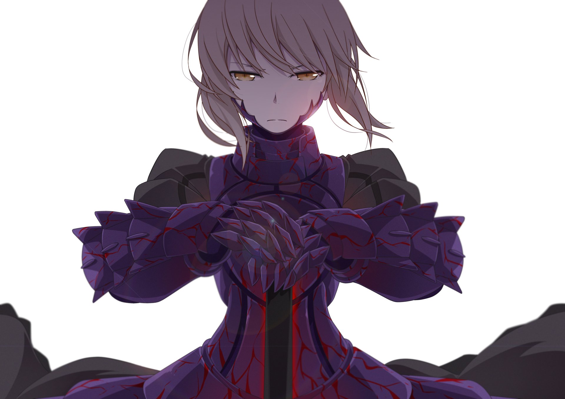 Saber Alter from the Fate series, depicted in dark armor with striking yellow eyes. This HD wallpaper captures her fierce presence, embodying the essence of Fate/Grand Order.