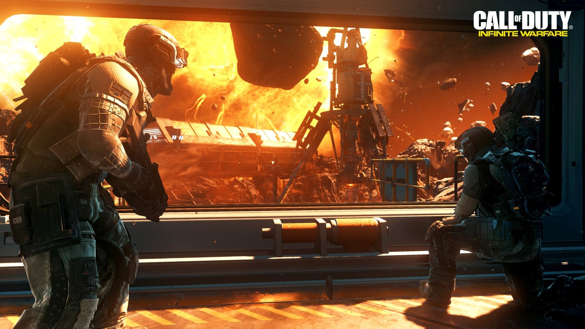HD PC desktop wallpaper from the video game Call of Duty: Infinite Warfare, depicting two soldiers in futuristic armor inside a space station with an intense orange glow outside.