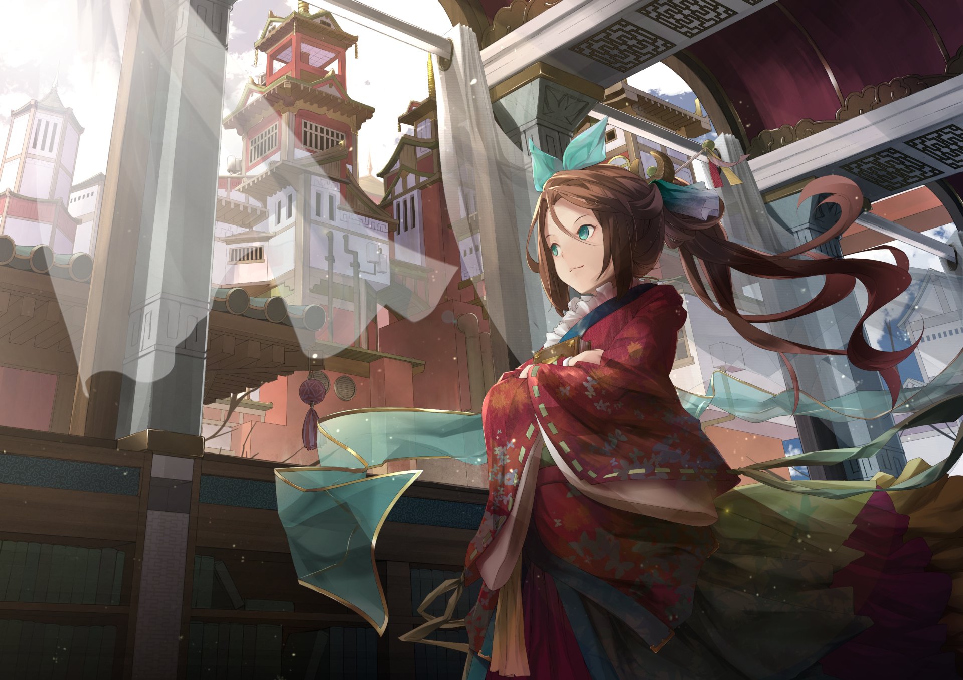 A captivating anime-inspired HD desktop wallpaper features a young girl in a traditional kimono, gazing thoughtfully at an intricate, majestic city in the background.