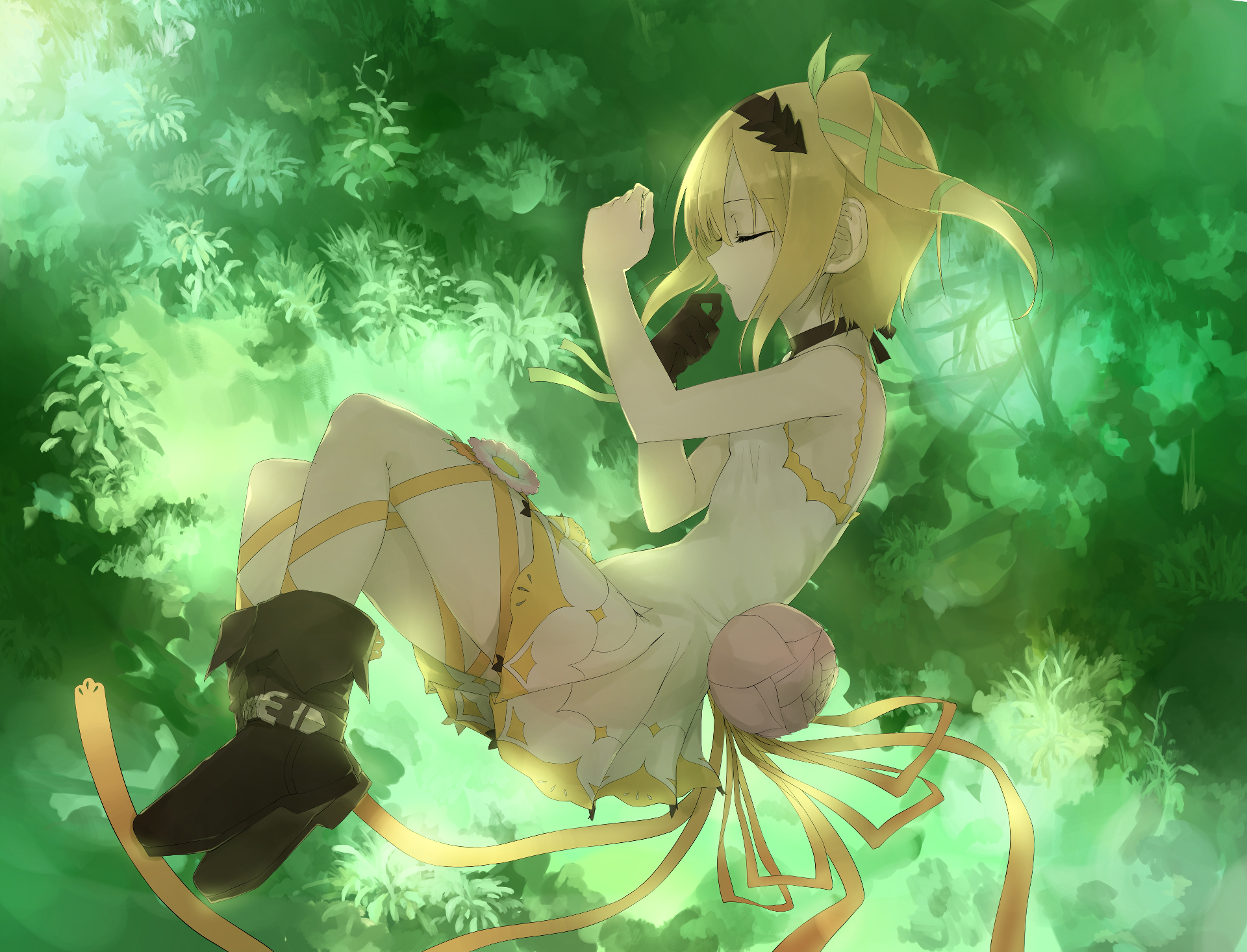 A serene HD wallpaper featuring Edna from Tales of Zestiria the X, depicted peacefully resting amidst lush green foliage, embodying the enchanting art style of the anime.