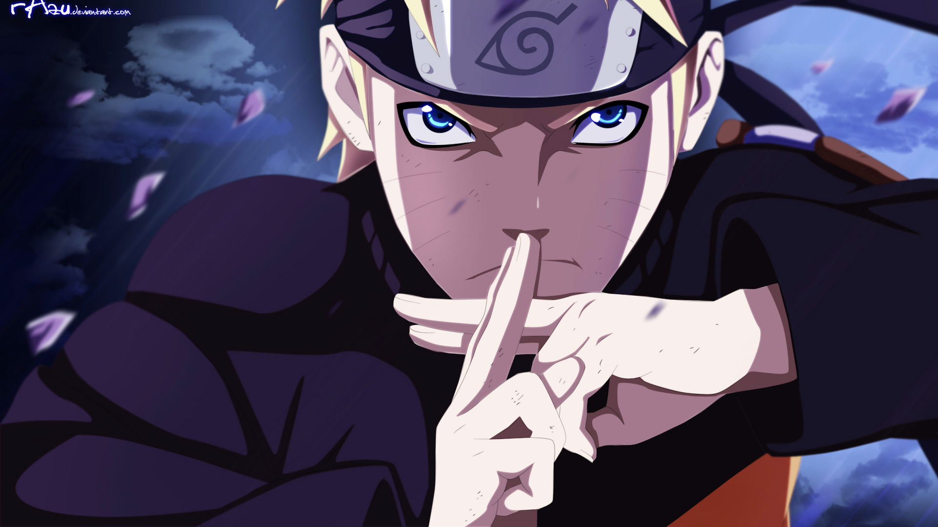 A striking HD wallpaper featuring Naruto Uzumaki, the iconic anime character, striking a dramatic pose amidst swirling cherry blossom petals.
