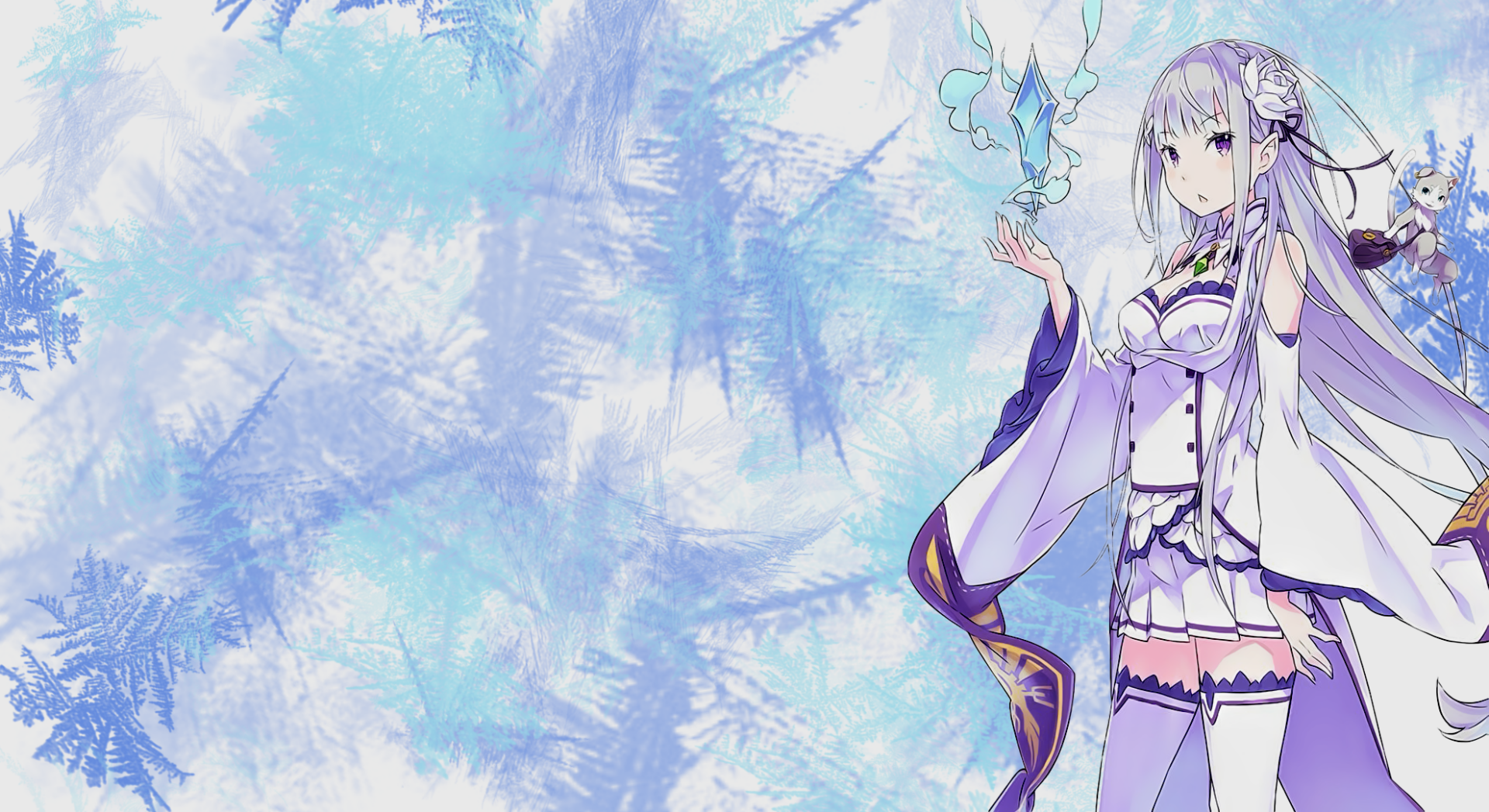 An HD wallpaper featuring Emilia from Re:Zero - Starting Life in Another World, showcasing her with a magical aura against a soft blue, frosty background.