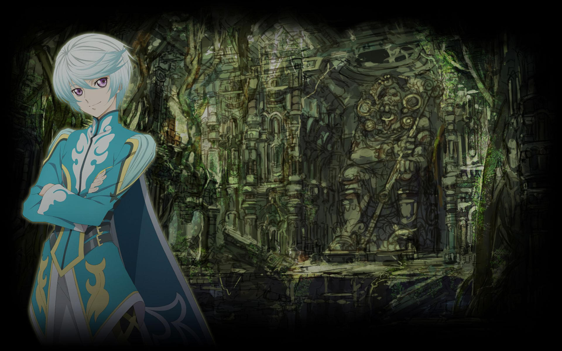 HD PC desktop wallpaper featuring Mikleo from the anime Tales of Zestiria the X, set against a detailed, mystical stone carving background.