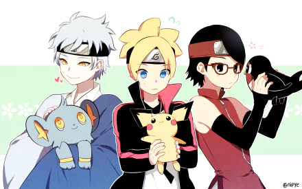 HD desktop wallpaper showcasing anime characters Mitsuki (Naruto), Boruto Uzumaki, and Sarada Uchiha holding Pokémon. A delightful crossover with vibrant colors and detailed character illustrations.