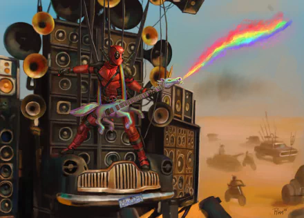 A vibrant crossover wallpaper featuring Deadpool rocking out with a rainbow laser guitar amidst towering speakers, set in a Mad Max: Fury Road-inspired desert landscape.