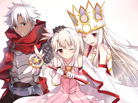 HD desktop wallpaper featuring anime characters Irisviel Von Einzbern, Illyasviel Von Einzbern, and Kiritsugu Emiya from Fate/Grand Order. They are dressed in vibrant outfits with cheerful expressions.