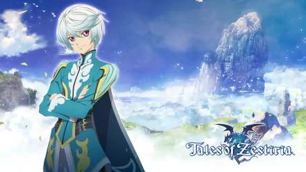 Mikleo from Tales of Zestiria the X stands confidently against a serene landscape, featuring vibrant colors and beautiful clouds, serving as an HD desktop wallpaper.