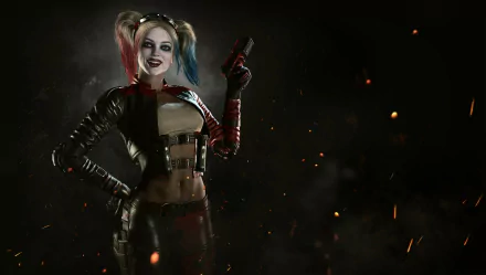 HD desktop wallpaper of Harley Quinn from the video game Injustice 2, featuring her in a dark, smoky background with a confident pose and colorful hair.
