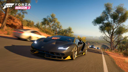 A dynamic HD wallpaper featuring the Lamborghini Centenario racing along a scenic road in Forza Horizon 3, showcasing stunning graphics and exhilarating speed.