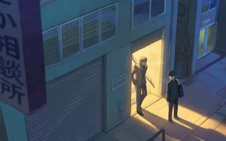 HD anime desktop wallpaper featuring Arataka Reigen and Shigeo Kageyama from Mob Psycho 100 standing outside a lit doorway on a quiet street at night.