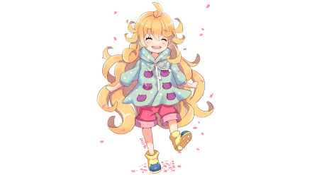 Tsumugi Inuzuka from Sweetness and Lightning: cheerful anime girl with flowing blonde curls, mint coat, pink shorts and yellow shoes, smiling among falling petals — 2K Quad HD PC wallpaper.