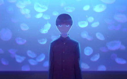 A serene HD wallpaper featuring Shigeo Kageyama from the anime Mob Psycho 100, set against a tranquil backdrop of floating jellyfish and soft blue tones.