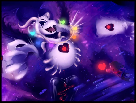 HD desktop wallpaper featuring Frisk and Asriel from the video game Undertale. The vibrant scene depicts colorful hearts and intense action in a cosmic setting.