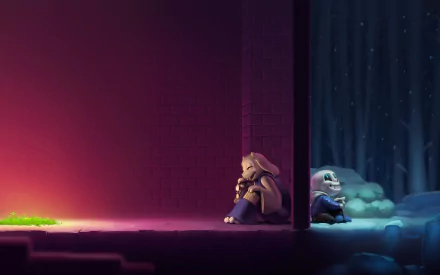 HD desktop wallpaper featuring Sans and Toriel from Undertale, sitting against opposite sides of a wall. A warm, glowing light contrasts with a dark, snowy forest in the background, creating a split scene.