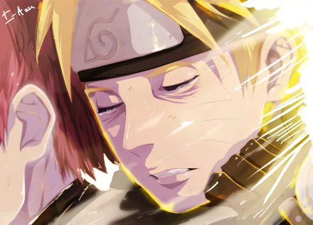 HD anime wallpaper featuring Naruto Uzumaki and Gaara from Naruto, capturing an intense moment between the two characters. A vibrant and dynamic background enhances the scene.