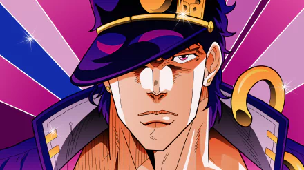 An 8K Ultra HD wallpaper featuring Jotaro Kujo from the anime Jojo's Bizarre Adventure, showcasing his fierce expression against a vibrant background.