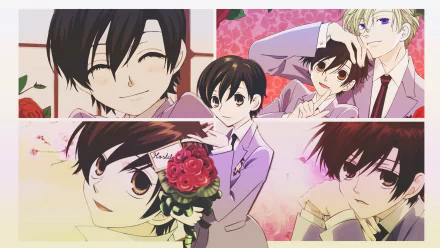 HD anime wallpaper featuring Haruhi Fujioka from Ouran High School Host Club in various expressive poses with floral and elegant backgrounds.