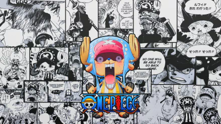 A vibrant HD wallpaper featuring Tony Tony Chopper from the anime One Piece, surrounded by bold comic-style imagery and dialogue from the series.