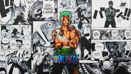 A vibrant HD wallpaper featuring Roronoa Zoro from the anime One Piece, surrounded by dynamic comic book panels that highlight key moments from the series.