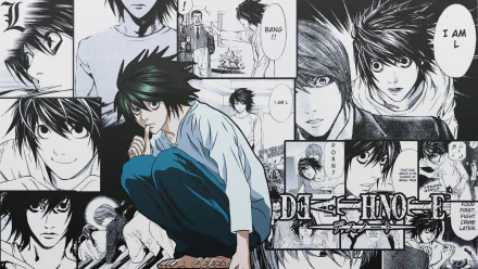 Anime-inspired HD desktop wallpaper featuring L from Death Note, surrounded by iconic illustrations and dialogue, capturing the essence of suspense and intrigue from the series.