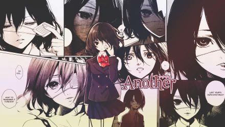 A vivid HD wallpaper featuring Mei Misaki from the anime Another, showcasing a collage of her expressions and iconic moments, blending mystery and intrigue.