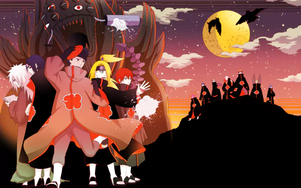 HD desktop wallpaper featuring the Akatsuki members from the anime Naruto, including Zetsu, Obito Uchiha, Madara Uchiha, Itachi Uchiha, Sasori, Pain, Konan, Kakuzu, Kisame Hoshigaki, and Deidara.