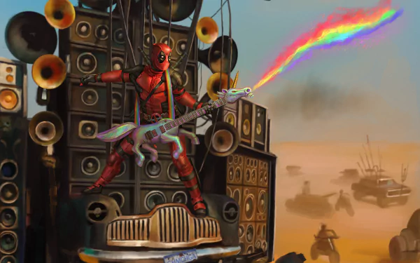 A vibrant crossover wallpaper featuring Deadpool rocking out with a rainbow laser guitar amidst towering speakers, set in a Mad Max: Fury Road-inspired desert landscape.