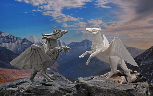 A stunning 4K Ultra HD PC desktop wallpaper featuring two intricate man-made origami dragons posed on rocky terrain with mountains and a vibrant sky in the background.