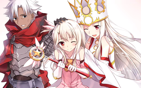 HD desktop wallpaper featuring anime characters Irisviel Von Einzbern, Illyasviel Von Einzbern, and Kiritsugu Emiya from Fate/Grand Order. They are dressed in vibrant outfits with cheerful expressions.