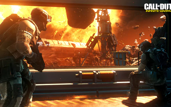 HD PC desktop wallpaper from the video game Call of Duty: Infinite Warfare, depicting two soldiers in futuristic armor inside a space station with an intense orange glow outside.