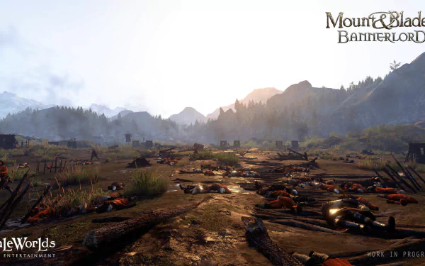 HD PC desktop wallpaper from the video game Mount & Blade II: Bannerlord, depicting a battlefield at sunset with scattered armor and weapons.