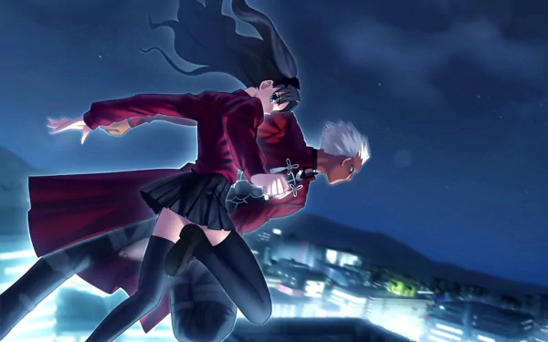 High-definition wallpaper featuring Rin Tohsaka and Archer from Fate/Stay Night, showcasing dynamic action against a night city backdrop.