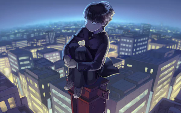 HD desktop wallpaper of Shigeo Kageyama from Anime series Mob Psycho 100, sitting atop a high post, overlooking a brightly lit cityscape at night.