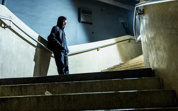 HD desktop wallpaper featuring Alan Walker, dressed in a dark hoodie, standing thoughtfully on an underground staircase. The image is tagged with music and Alan Walker.