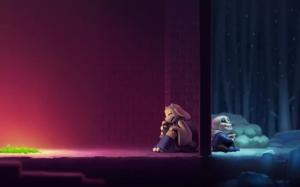 HD desktop wallpaper featuring Sans and Toriel from Undertale, sitting against opposite sides of a wall. A warm, glowing light contrasts with a dark, snowy forest in the background, creating a split scene.
