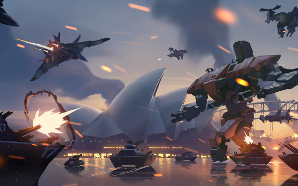 4K Ultra HD PC desktop wallpaper featuring a dynamic battle scene from the video game Overwatch with flying mechs and explosions near a futuristic cityscape.