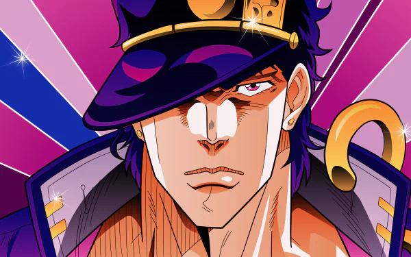 An 8K Ultra HD wallpaper featuring Jotaro Kujo from the anime Jojo's Bizarre Adventure, showcasing his fierce expression against a vibrant background.