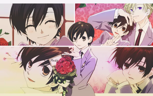 HD anime wallpaper featuring Haruhi Fujioka from Ouran High School Host Club in various expressive poses with floral and elegant backgrounds.