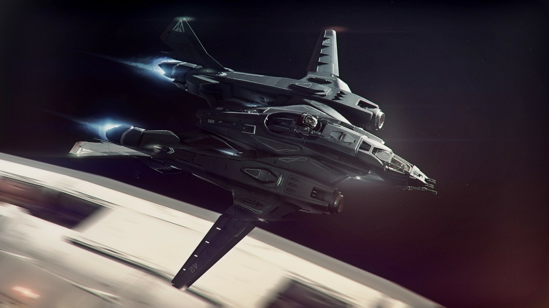 A sleek spaceship from the video game Star Citizen soars through space, showcased in vibrant detail as a 4K Ultra HD desktop wallpaper.