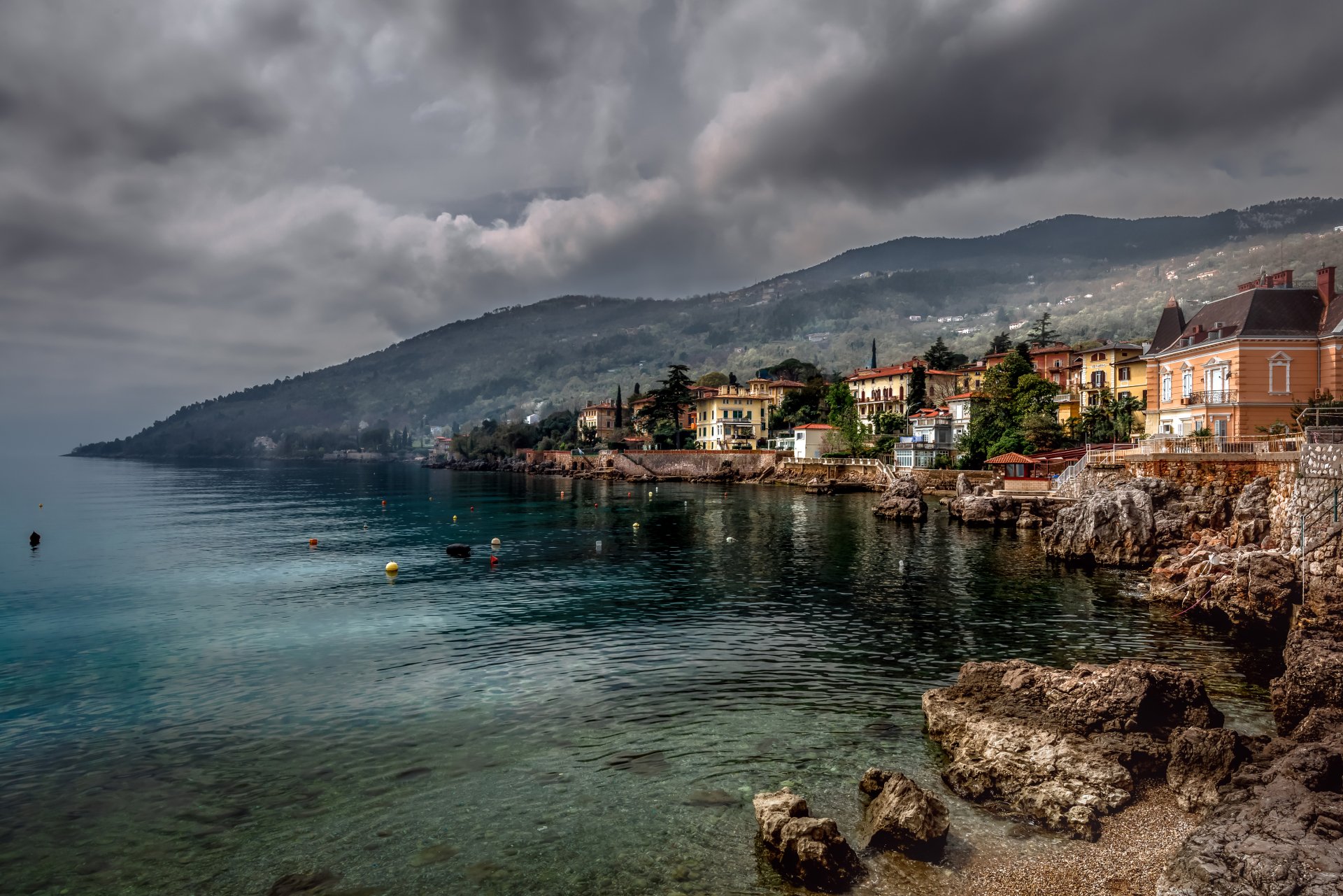 Download Cloud House Coast Sea Lovran Croatia Photography Coastline 4k Ultra HD Wallpaper