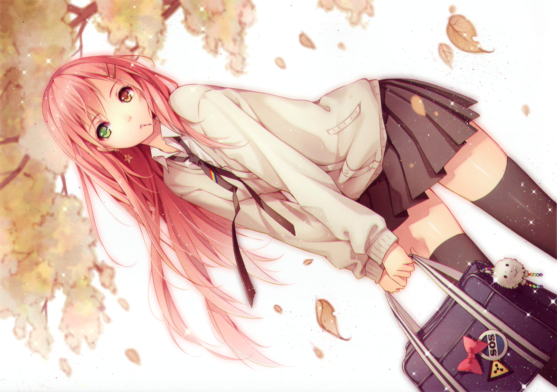HD desktop wallpaper featuring an anime girl with pink hair, wearing a white shirt, black tie, and short skirt, holding a bag. The background has falling leaves and autumn colors.