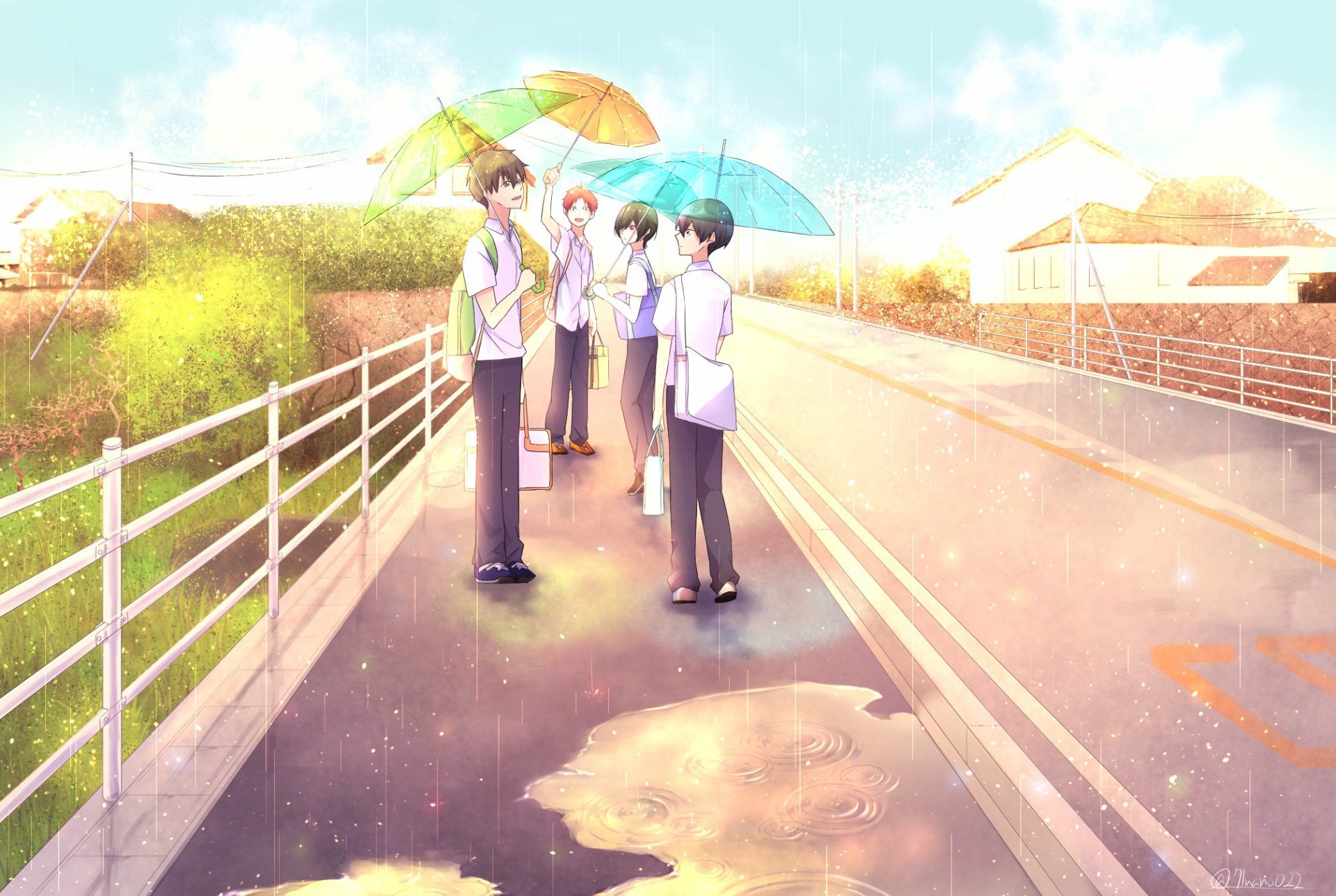 HD PC desktop wallpaper and background: Anime Free! — four schoolboys with umbrellas on a sunlit riverside walkway, soft reflections and warm pastel sky.