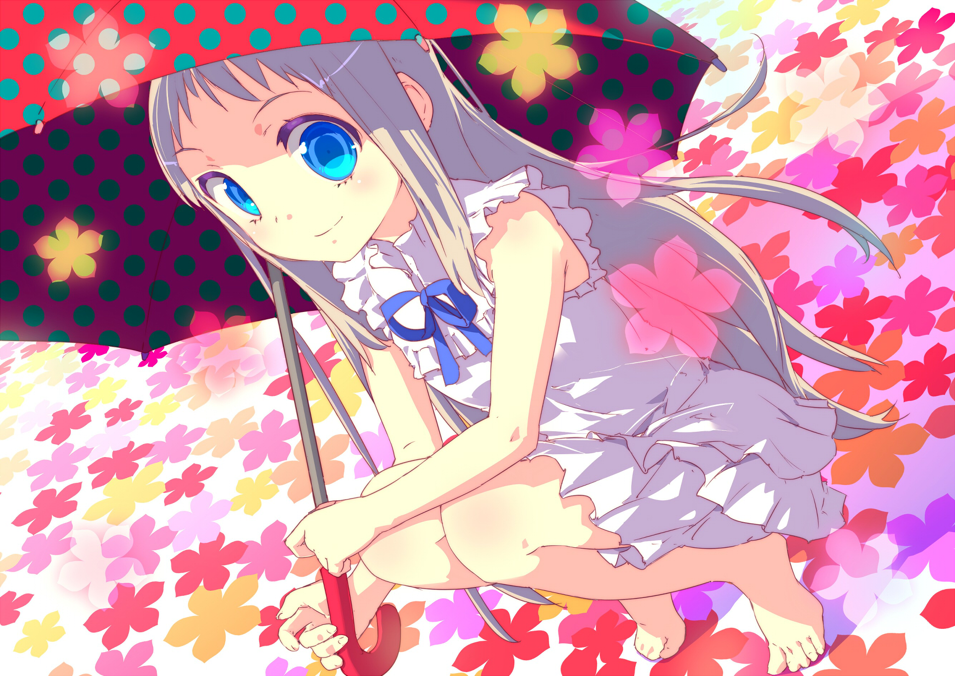 HD PC desktop wallpaper featuring an anime character from Anohana, surrounded by vibrant floral patterns in bright pink, red, and yellow hues.